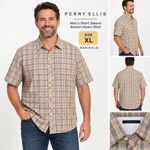 Perry Ellis Macy's Men's XL Marigold Plaid S Sleeve Button Down Shirt NWT #20